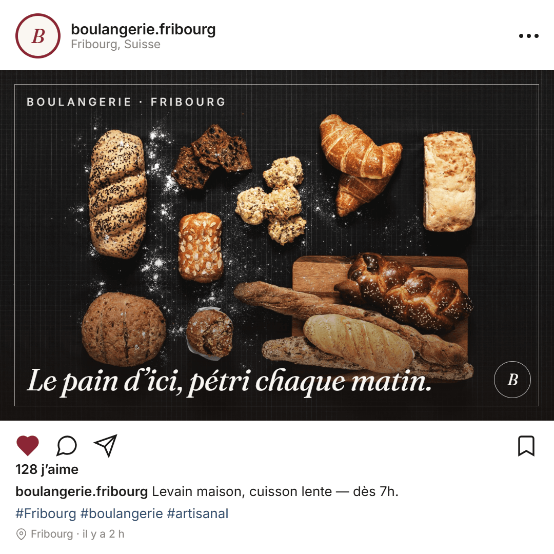 Publication Instagram d'une boulangerie fribourgeoise présentant ses pains et viennoiseries artisanaux