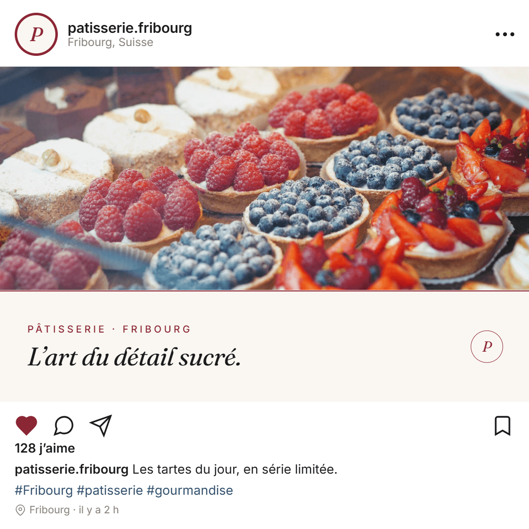 Publication Instagram d'une pâtisserie fribourgeoise mettant en valeur ses tartelettes aux fruits