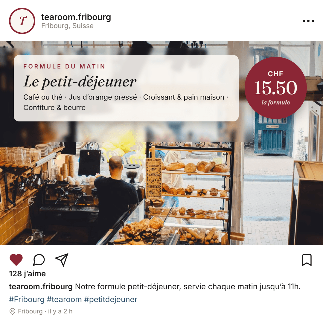 Publication Instagram d'un tea-room fribourgeois présentant sa formule petit-déjeuner